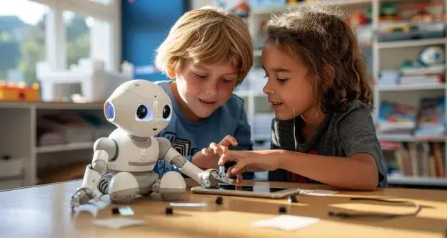 A child interacting with a small educational robot