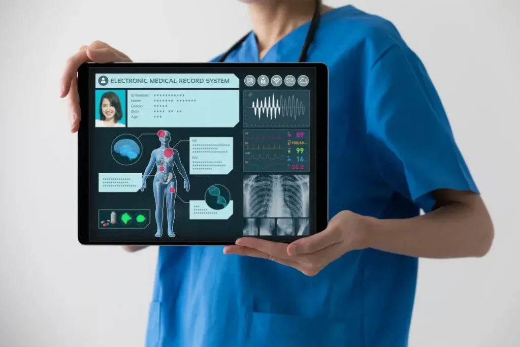 A dashboard-style graphic showing how AI helps with scheduling, billing, and EHR in a hospital setting.