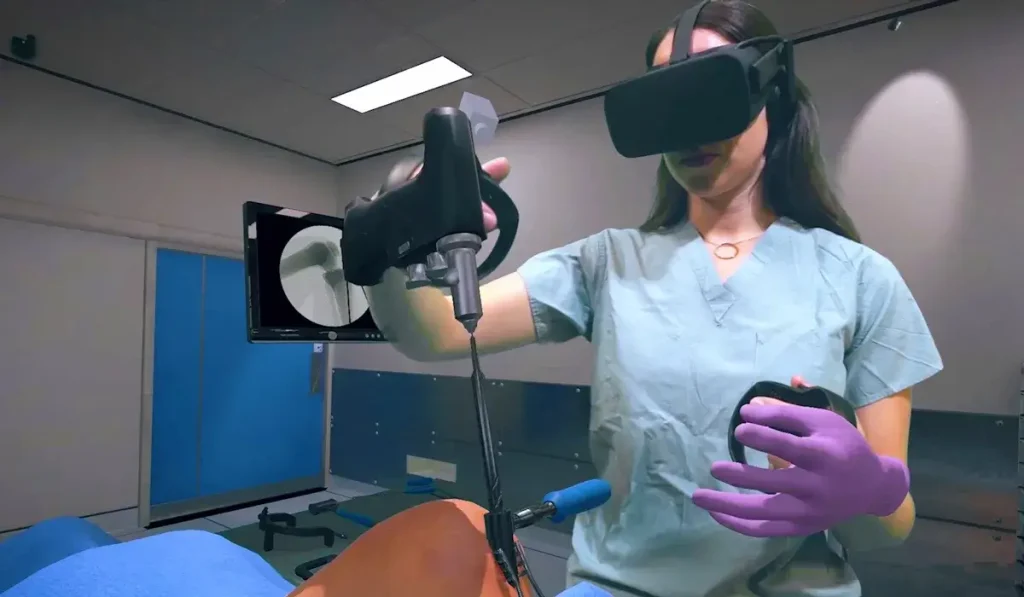 A medical student wearing VR goggles practicing a virtual surgery, with AI-generated analytics shown on the side