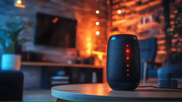 A person using a smart speaker in a cozy home setting