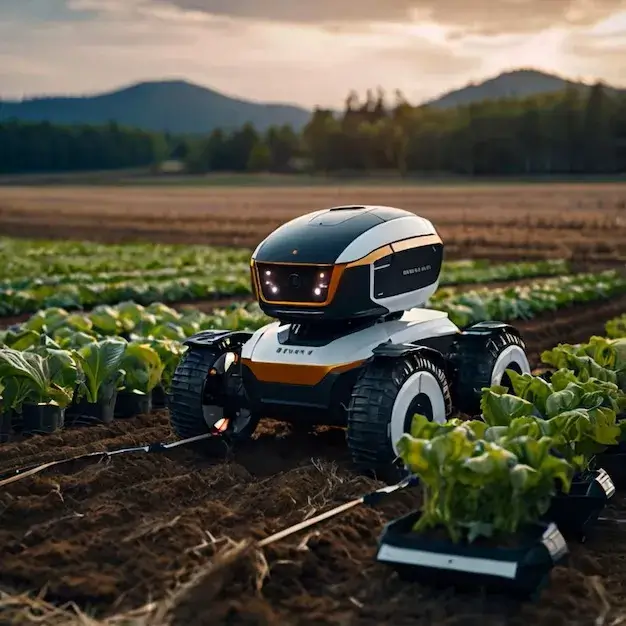 A robot or drone working in a farm field