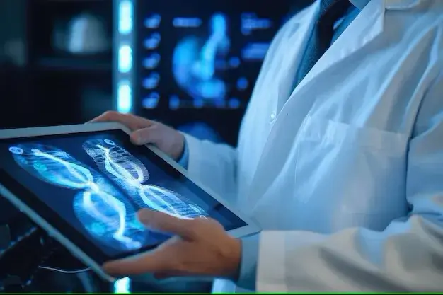 A side-by-side graphic showing a doctor using a tablet while AI analyzes patient data and suggests diagnosis,treatment options in real time