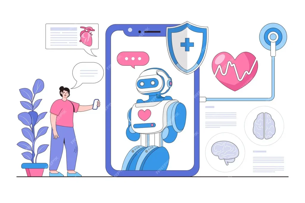 A split image showing a person interacting with a mental health chatbot on a phone, with data icons (voice, mood, message) around it to show how AI is analyzing their input