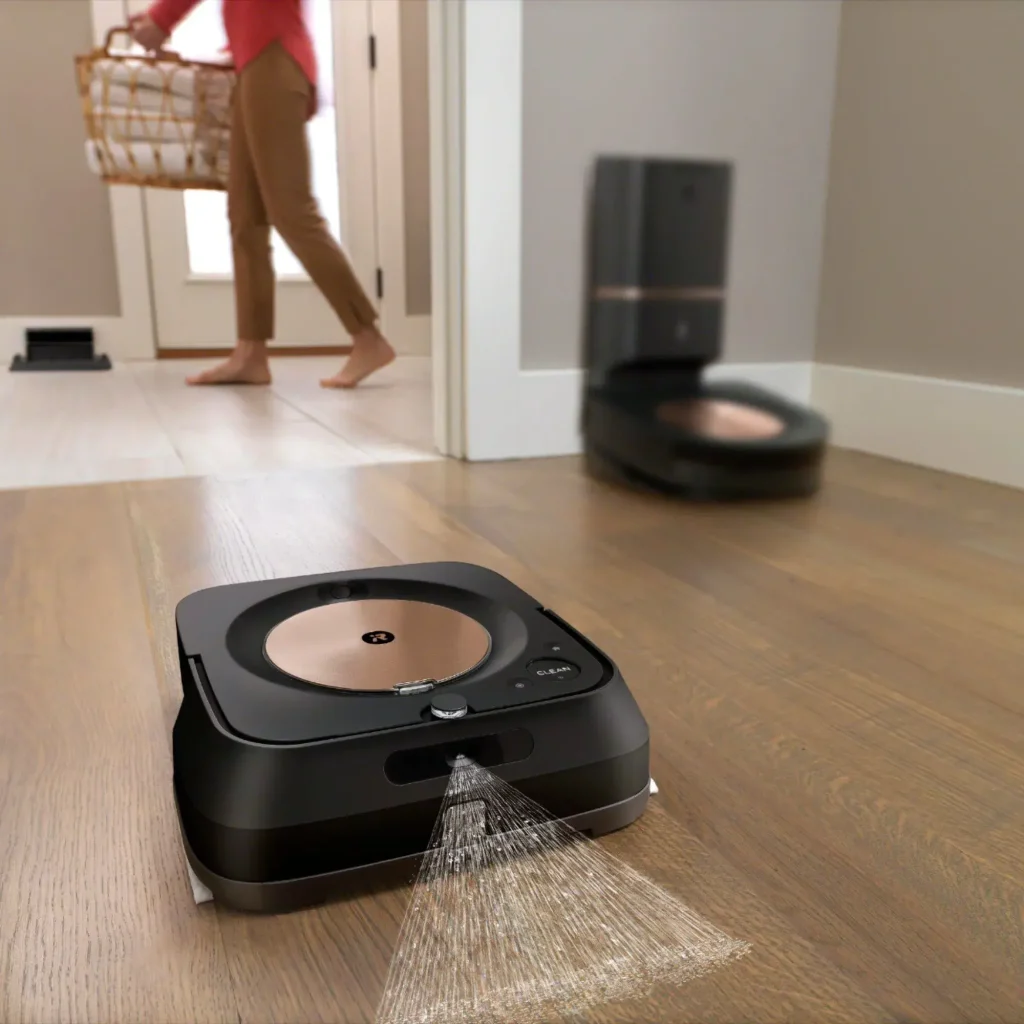 Show a smart vacuum cleaner or robot mop in action