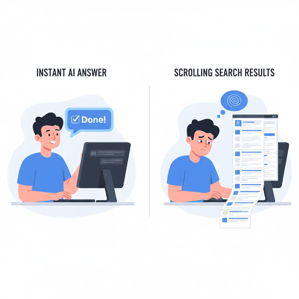 Illustration of a person receiving answers instantly from AI vs scrolling through search results.