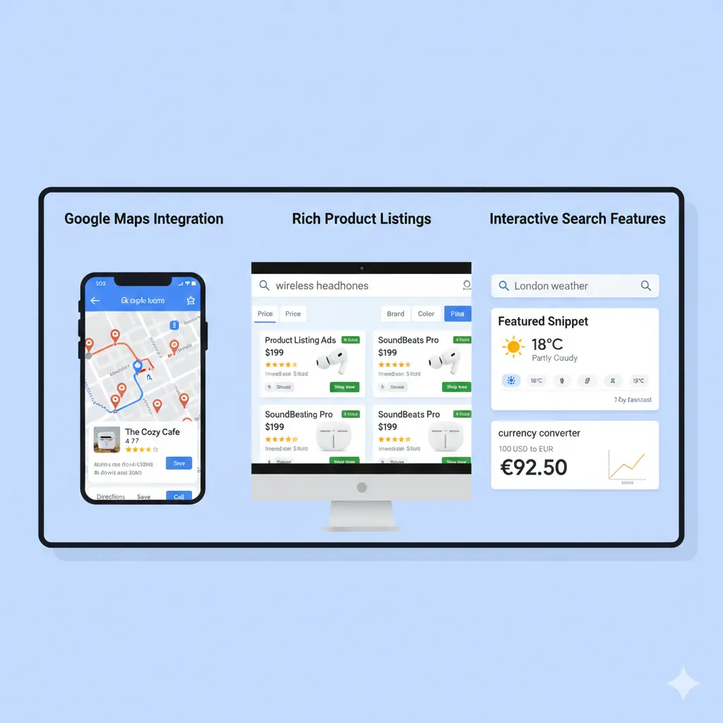 Illustration of Google Maps, product listings, and interactive search features.