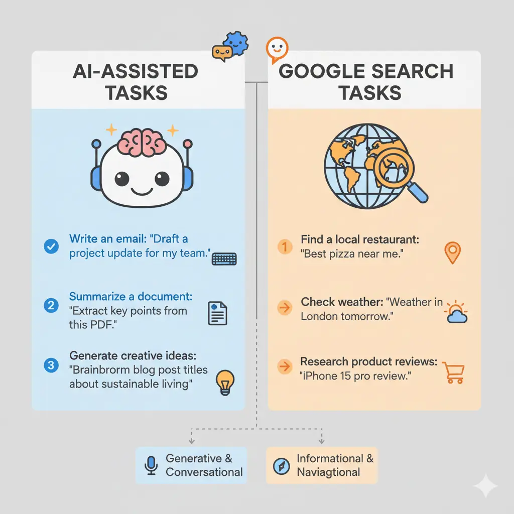 Infographic showing examples of AI-assisted tasks vs Google search tasks.