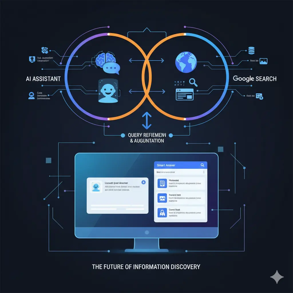Futuristic graphic showing AI and traditional search working together.