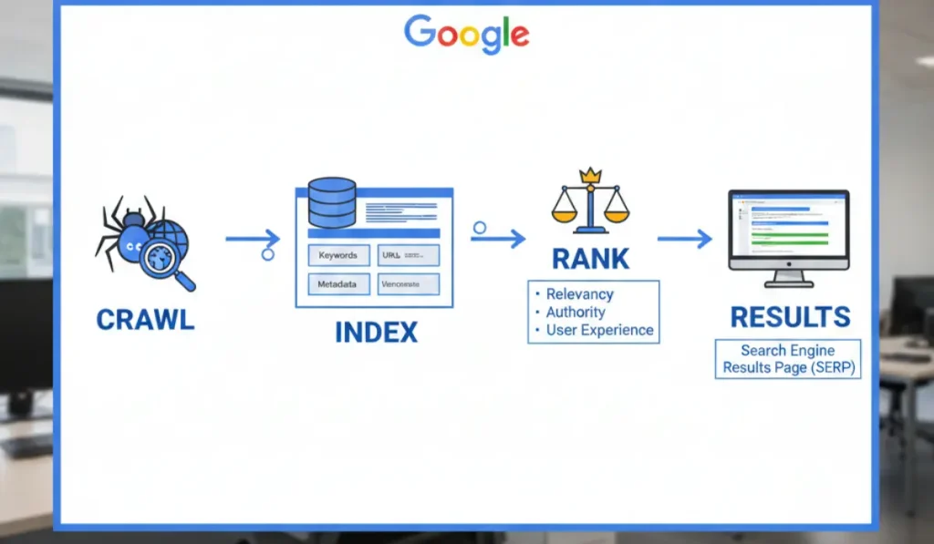 Diagram showing Google’s search process: crawl → index → rank → results.